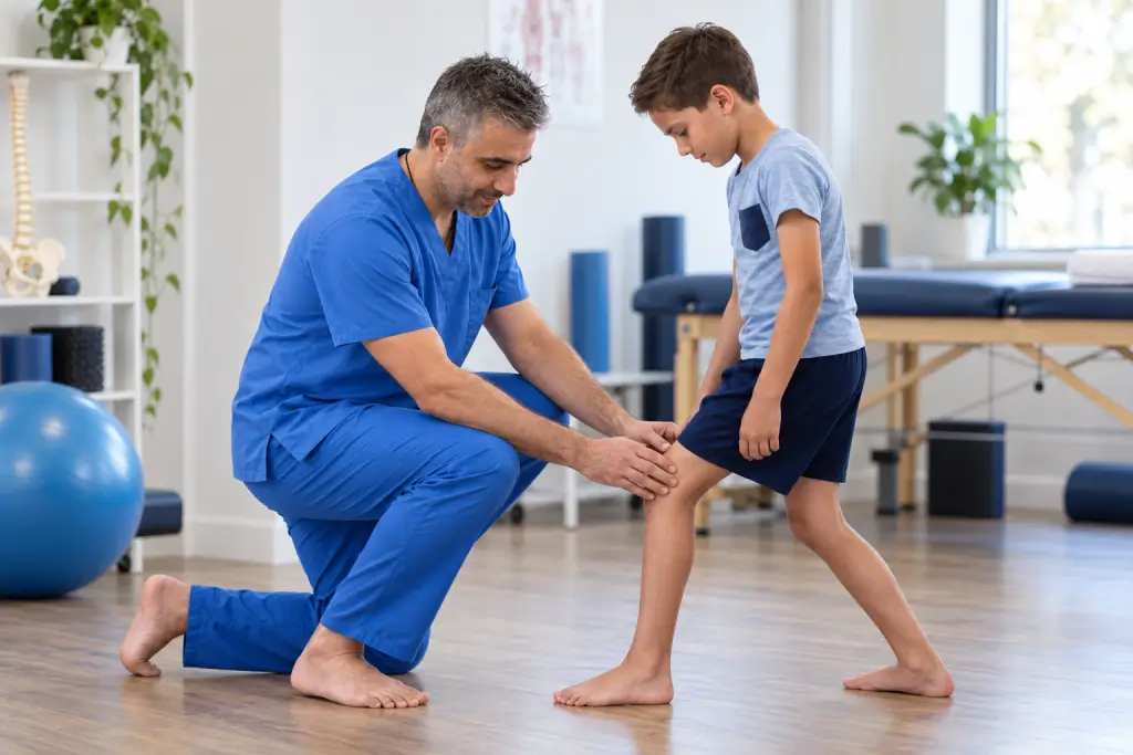 Adrian Duicu, physiotherapist at AD Physiotherapy in Hoole, Chester, assessing a child's knee during a physiotherapy session.